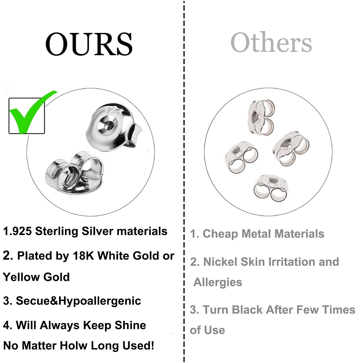 12PCS Real 925 Silver Earring Backs Replacements, 18K White Gold Plated Hypoallergenic , Secure Ear Locking for Stud Nut for Posts, 6mm