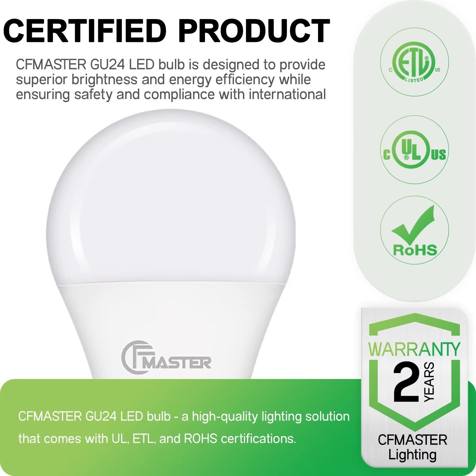 CFMASTER GU24 LED Light Bulb, 5000K Daylight, 9W(100W Equivalent), 800 Lumens, A19 Shape GU 24 LED Bulbs, Twist and Lock GU24 Pin Base with Two Prongs, Non-Dimmable, UL ETL Certificated(4-Pack)