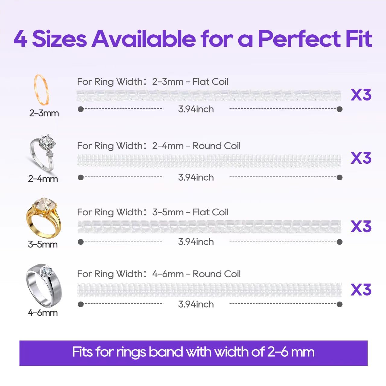 Yaogniy 12-Pack Ring Sizer for Loose Rings, 4 Sizes Invisible Ring Size Adjuster, Spiral Bands Size Resizer, Clear TPU Rings Guards for Women Men, No Cut Comfortable Band Tightener Fits 2-6mm Bands