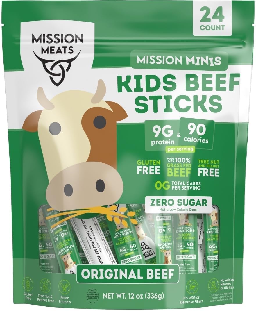 Mission Meats Kids Beef Sticks - 100% Grass Fed & Pasture Raised, Healthy Snacks for Kids, Sugar Free Protein, Gluten & Nut Free, Individually Wrapped, Mini 0.5oz (24ct Bag)