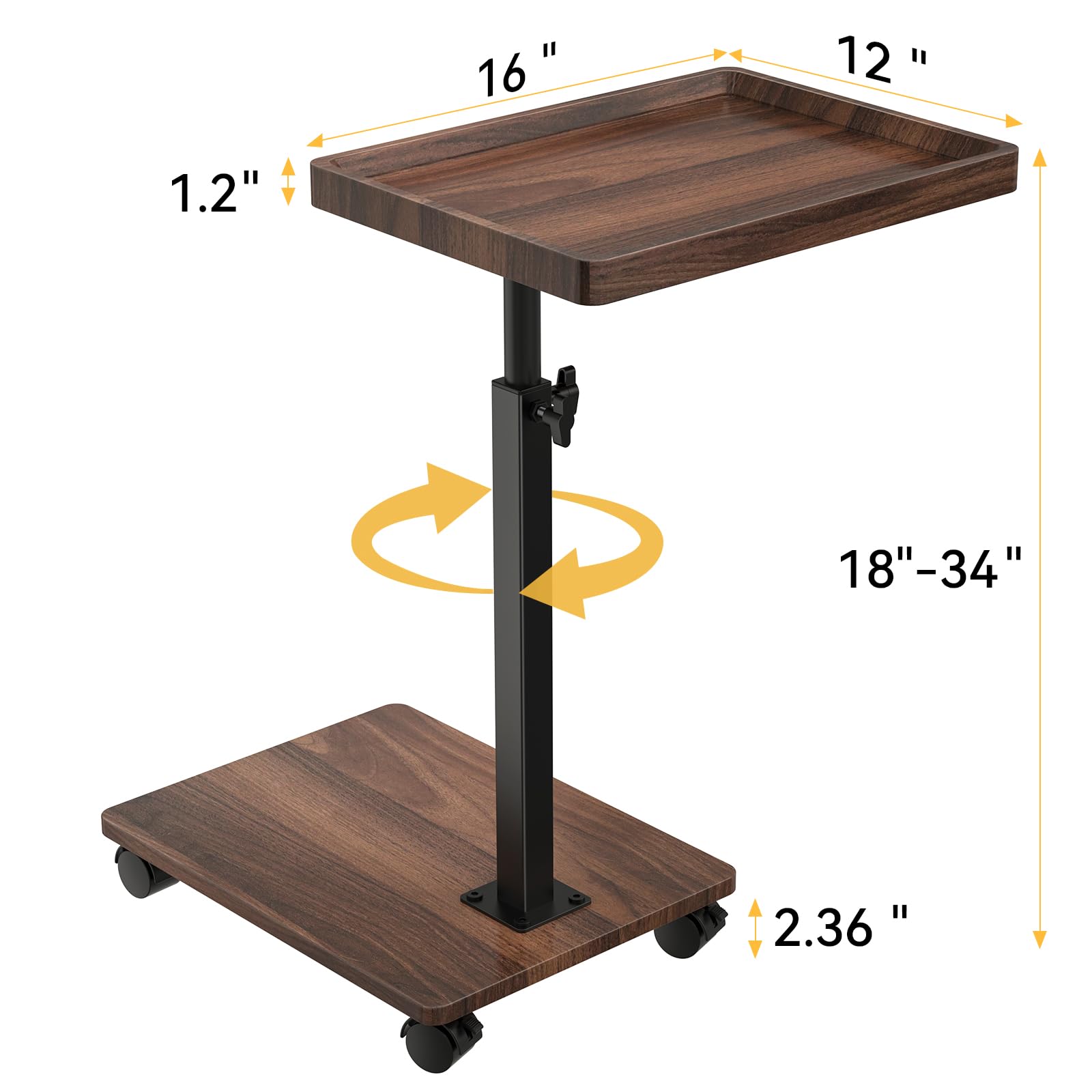 C Table End Table Adjustable Height, 360°Swivel TV Tray Table for Small Spaces, Couch Tables That slide under, C Shaped Side Tables living room and bedroom for Sofa, Bed,Chair, Snack (Walnut Brown)