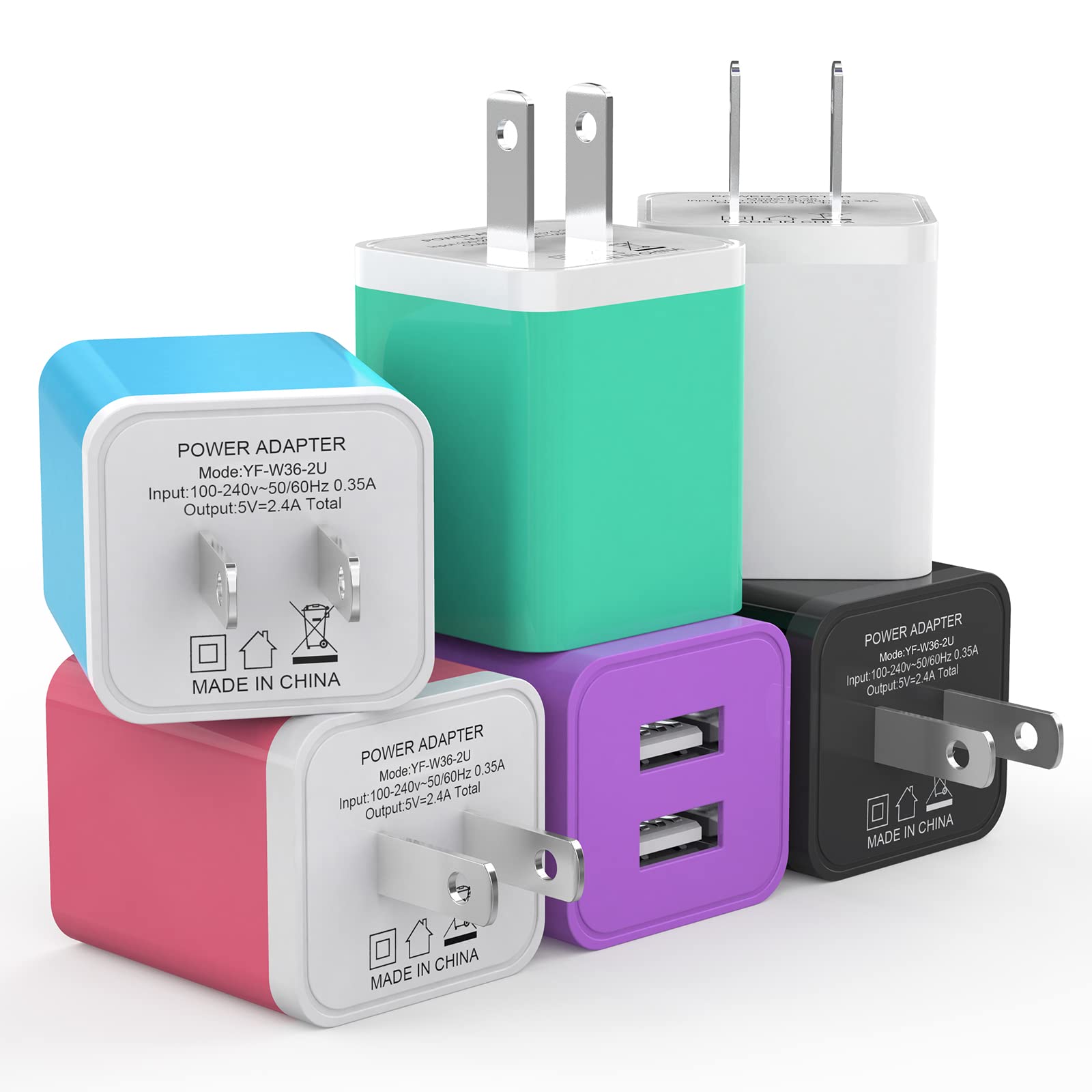 شاحن حائط USB 6Pack، محول قابس طاقة مكعب بمنفذ USB مزدوج 2.4 أمبير من iGENJUN، كتلة شاحن هاتف سريع، صندوق شحن لهاتف iPhone 17/17 Pro/17 Pro Max/16، Samsung Galaxy، Pixel، LG، Android-ملون