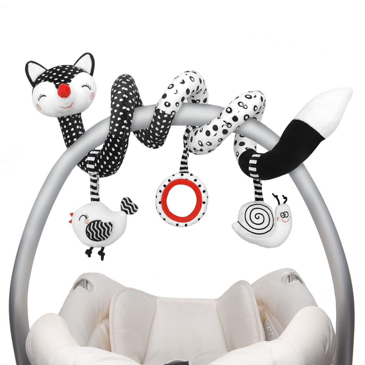 XIXILAND Baby Spiral Plush Toys, Black and White Baby Car Seat Toys, High Contrast Infant Newborn Toy 0-6 Months for Stroller Crib Mobile, Sensory Toy Best Gift for 0 3 6 9 12 Months Boys Girls