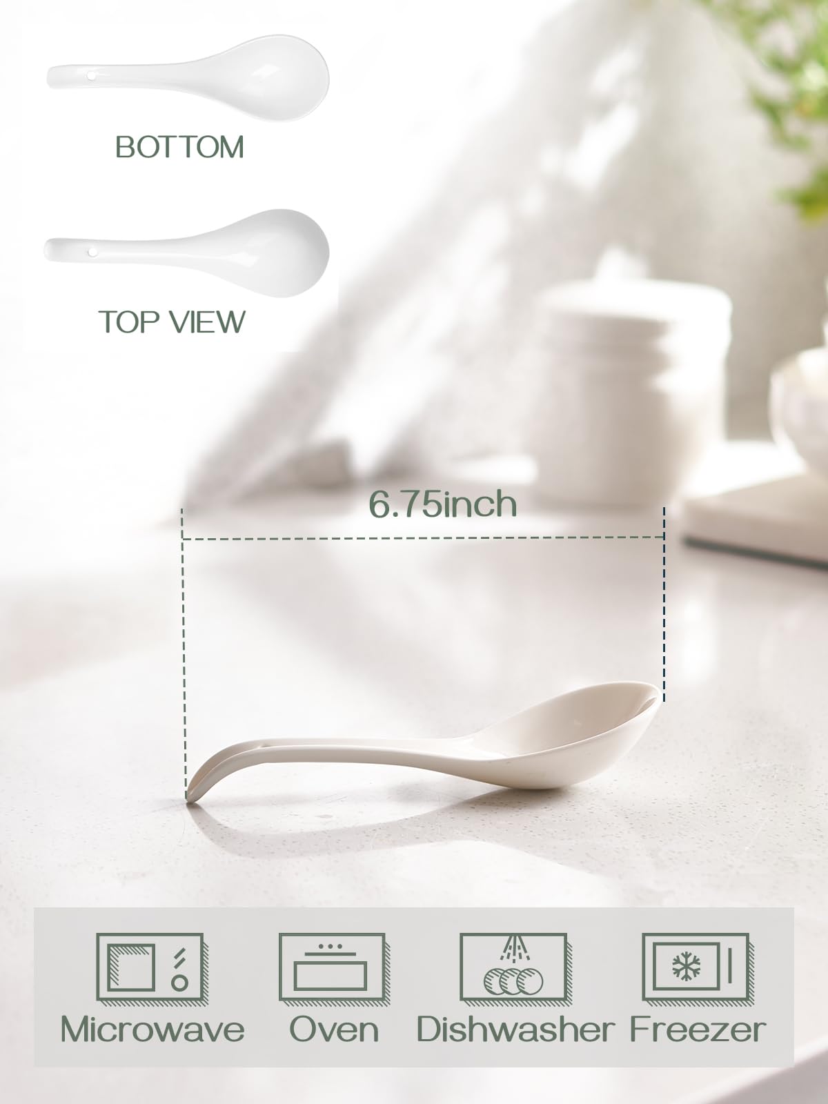 DOWAN Soup Spoons, Ceramic Asian Soup Spoons, White Japanese Spoon Large for Ramen Pho Wonton Dumpling Miso, Deep Oval Hook Design, Set of 4 (4, Soft white)
