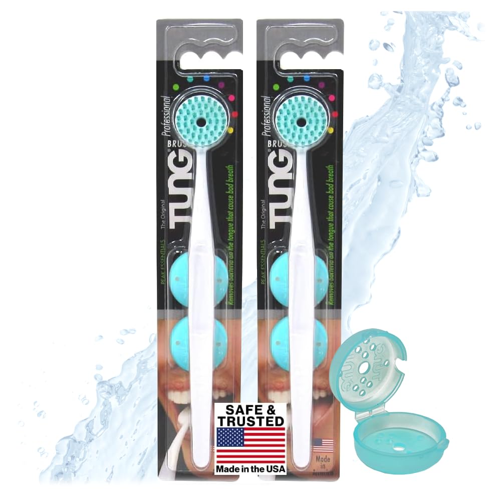 Tung Plastic Tongue Scraper with Protective Caps, Tongue Brush, Tongue Cleaner for Adults, Scrubber, Plastic, Fight Bad Breath and Halitosis | Tongue Scraper Cleaner, Made in America, 2-Pack w/Cap