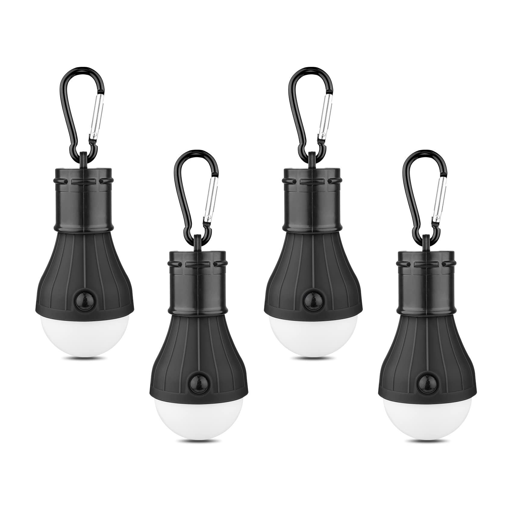 LED Campingzelt-Laterne, tragbare, wasserdichte Notfall-Glühbirne für draußen, batteriebetrieben mit Karabinerhaken, superhell, zum Wandern, für Partys, Camping, Angeln, Stromausfall (4er-Pack, Schwarz)