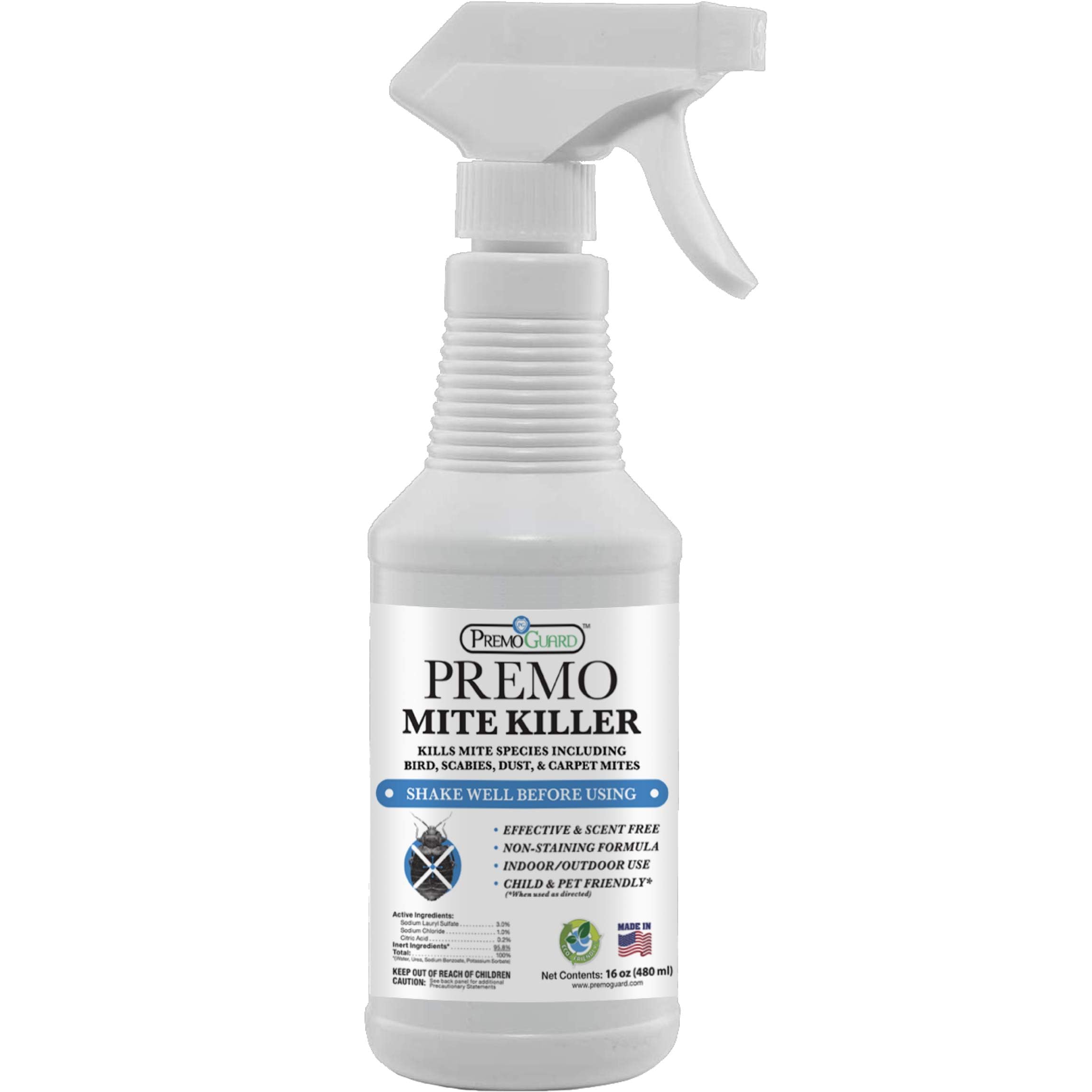 Mite Killer Spray by Premo Guard Ã¢ÂÂ 16 oz Ã¢ÂÂ Treatment for Dust Spider Bird Rat Mouse Carpet and Scabies Mites Ã¢ÂÂ Fast Acting 100% Effective Ã¢ÂÂ Child & Pet Safe Ã¢ÂÂ Best Natural Non-Toxic Formula