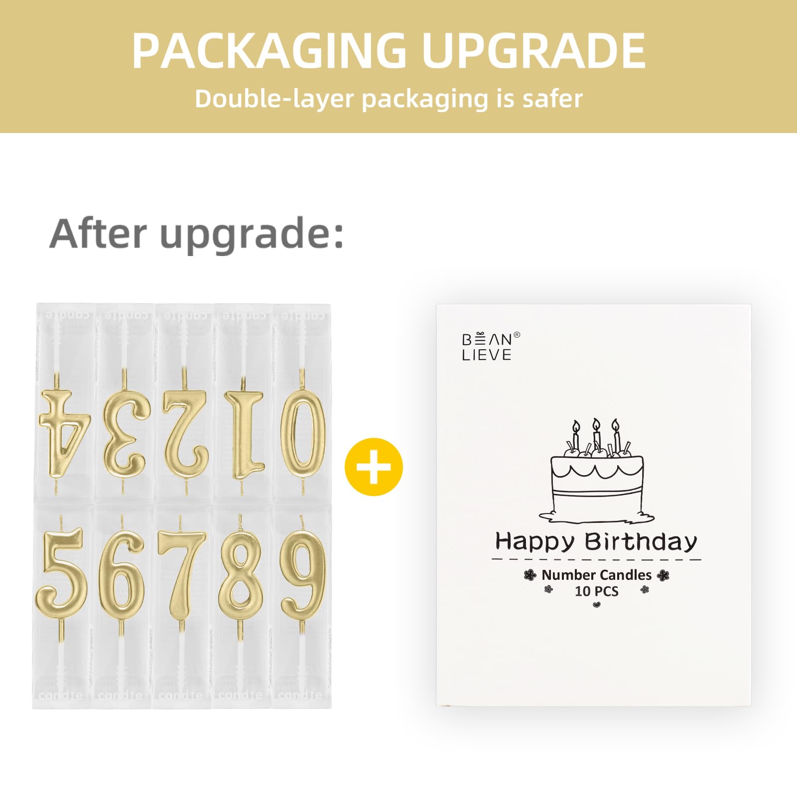 Beanlieve 10-Pieces Numeral Birthday Candles - Cake Numeric Candles Number 0 1 2 3 4 5 6 7 8 9,Used for Cake Decoration on Birthday Parties and Wedding Anniversary Celebrations(Champagne Gold)
