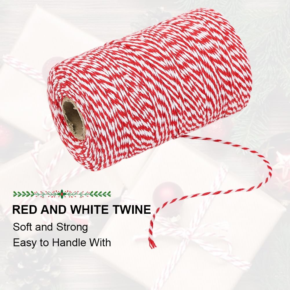 Tenn Well Red and White Twine, 656 Feet 200m Cotton Bakers Twine Ribbon for Baking, Butchers, Crafts, Gift Wrapping, Christmas Holiday Decorations