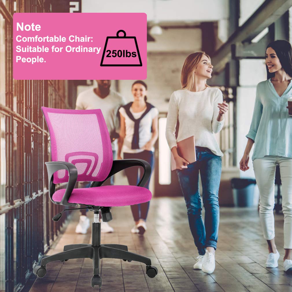 BestOffice | Ergonomic Office Chair | Mid-Back Swivel Desk Chair | Breathable Backrest & Lumbar Support | Adjustable Height | Sponge Seat | Rolling Wheels | Pink | for Adults & Women