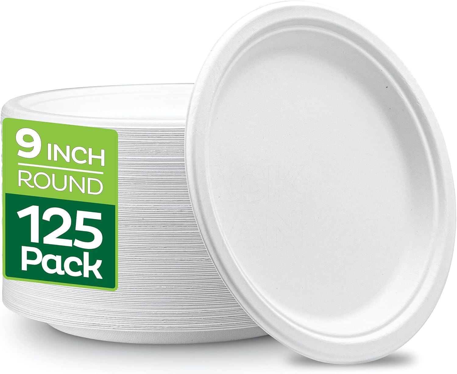 100% Compostable 9 Inch Heavy-Duty [125-Pack] Eco-Friendly Disposable White Bagasse Plate, Made of Natural Sugarcane Fibers - 9" Biodegradable Paper Plates by Stack Man