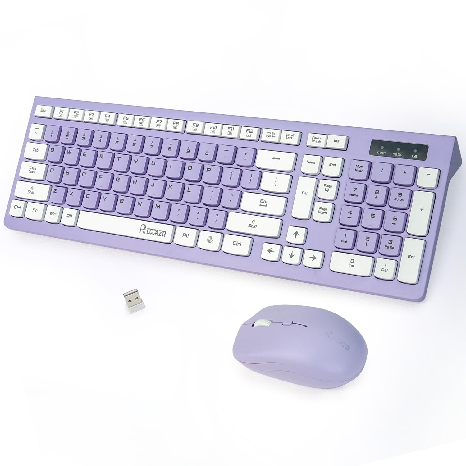 RECCAZR Kabellose Tastatur und Maus Kombination, Kabellose Full-Size Tastatur und Maus mit Einstellbarer DPI, 2,4GHz USB-Empfänger, Kabellose Tastatur und Maus für PC, Windows, Desktop, Laptop (Lila)