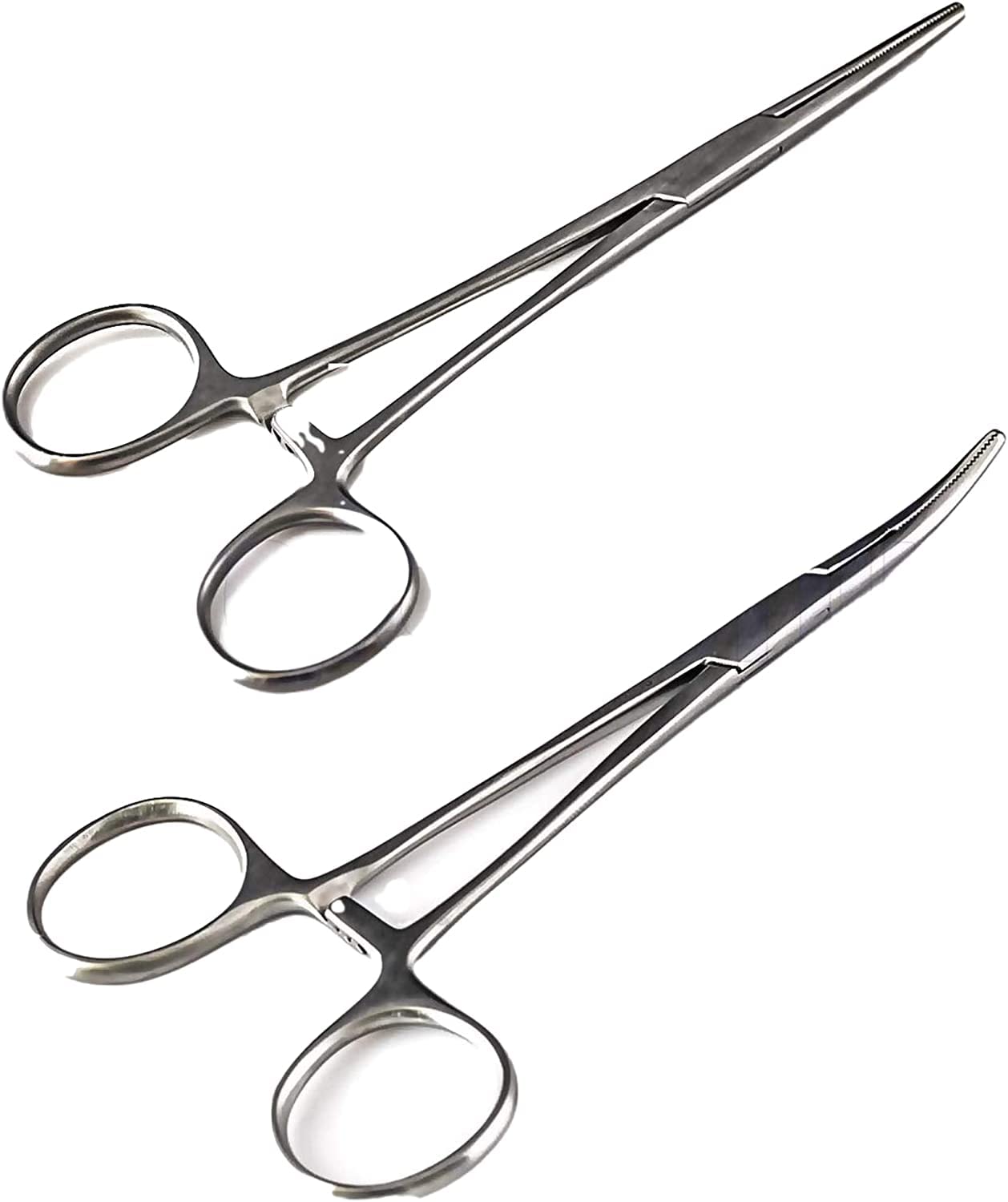 SURGICAL ONLINE Vielseitige Anglerwerkzeuge mit 2er-Set 5-Zoll-Fischzangen – Edelstahl, gebogene & gerade Klemmen, gezahnte Backen, Verriegelungsmechanismus und leichtes Design