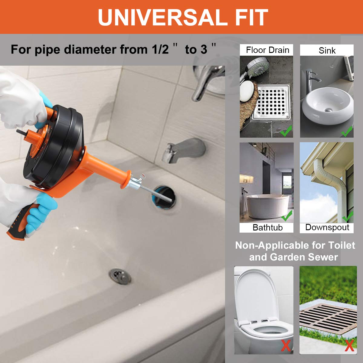 Drain Auger, Clog Remover with Drill Adapter, 25 Feet Flexible Plumbing Snake Use Manually or Powered for Kitchen,Bathrom and Shower Sink, Comes with Gloves (orange)