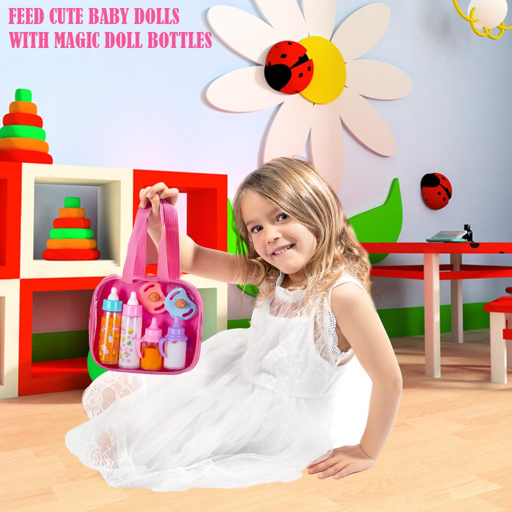 fash n kolor®, My Sweet Baby Disappearing Doll Feeding Set, Baby Care 6 Piece Doll Feeding Set for Toy Stroller | 2 Milk & Juice Bottles with 2 Toy Pacifier for Baby Dolls