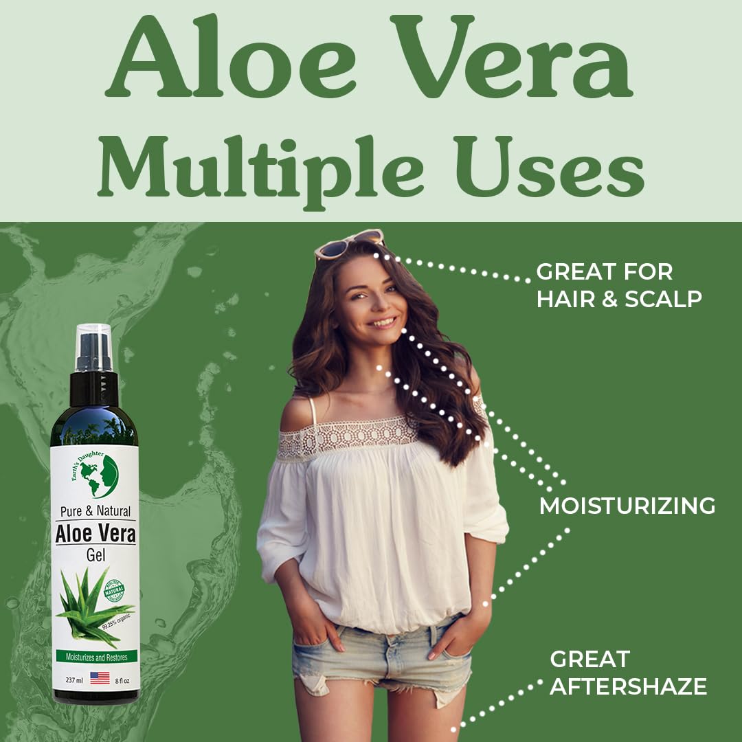 Earth's Daughter Organic Aloe Vera Gel from 100% Pure and Natural Cold Pressed Aloe - Great for Face - Hair - Acne - Sunburn - Bug Bites - Rashes - Eczema - 8 Oz.