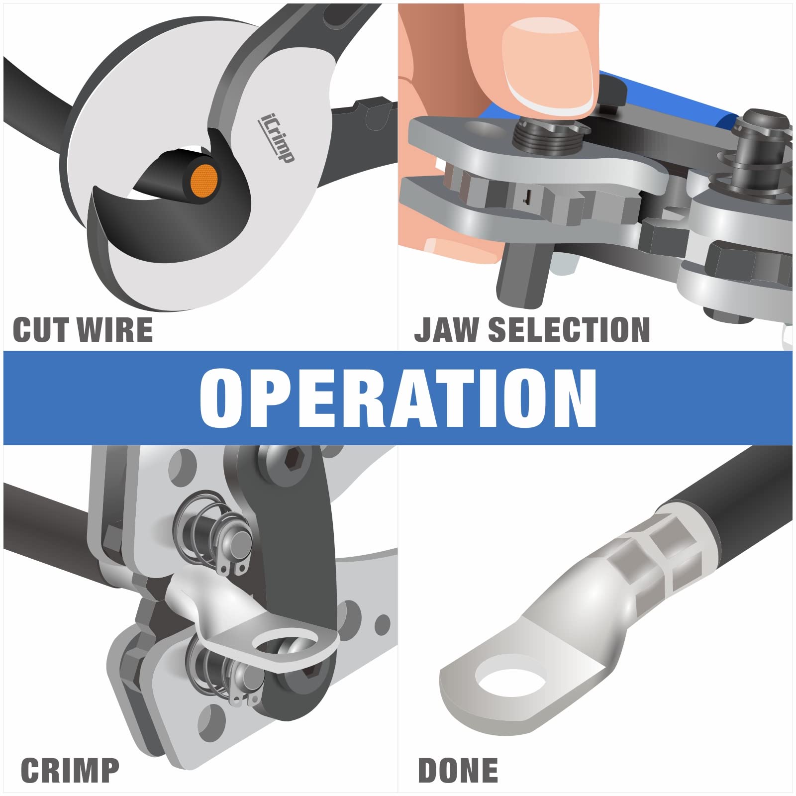 iCrimp Battery Cable Lug Crimping Tool for 8, 6, 4, 2, 1, 1/0 AWG Heavy Duty Wire Lugs, Battery Terminal, Copper Lugs with Wire Shear Cutter