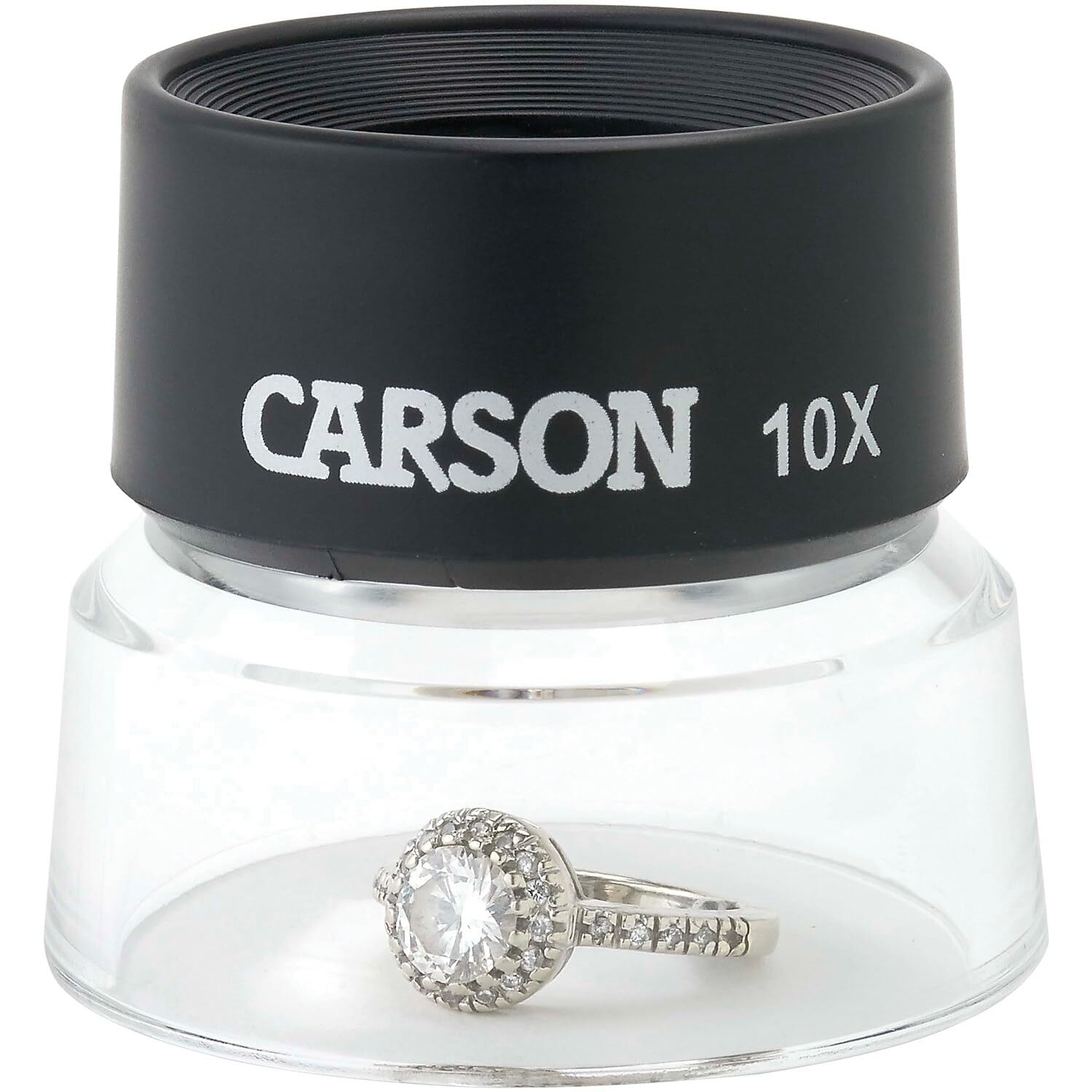 Carson LumiLoupe 10X Power Black/Clear Stand Magnifier, Ambient Light, 1.0 inch Lens Diameter, 2.0 inch Base Diameter, 2.0 x 1.75 x 2.0 inches, 0.05 kg