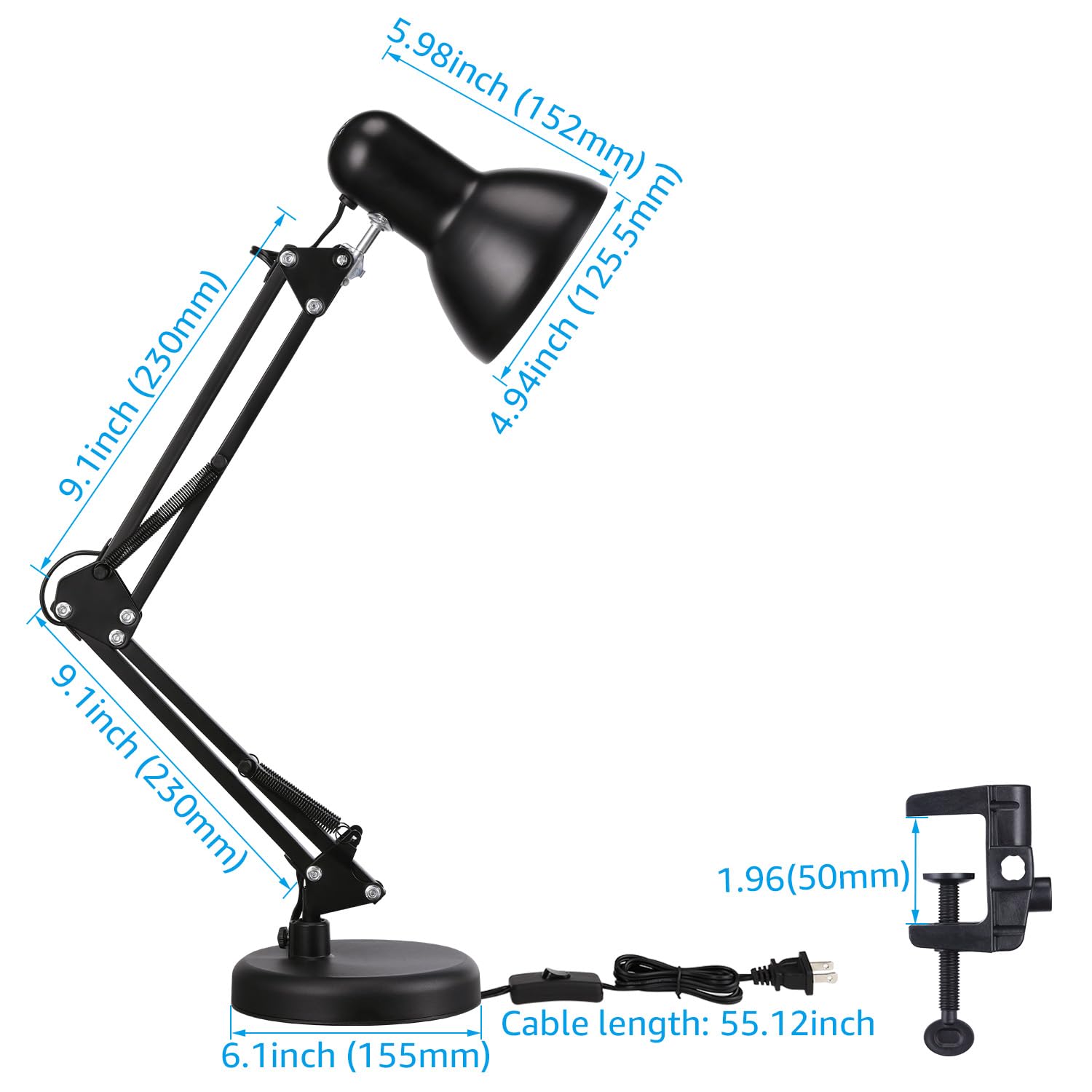 TORCHSTAR Metal Desk Lamp with Clamp, Swing Arm, Architect Adjustable Gooseneck Table Lamp, Clip Desk Lights for Home Office, Work, Study, Reading, E26 Base, Multi-Joint, Black