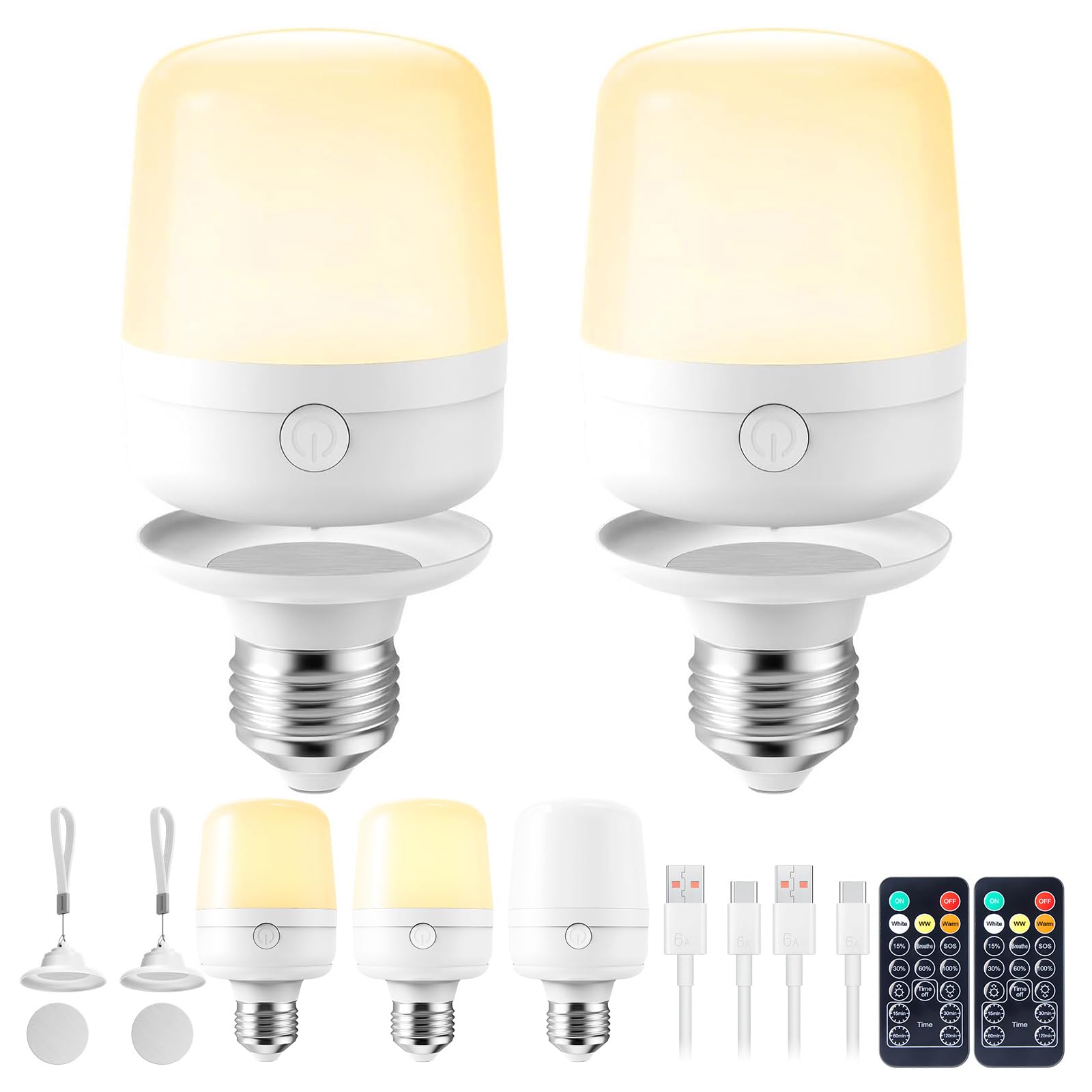 Brightown E26 Rechargeable Light Bulb with Remote and Timer, Battery Backup Bulb for Sconces and Lamps, E26 Detachable Charging for Non-Hardwired Fixture, 3 Color Temperatures, 2 Pack