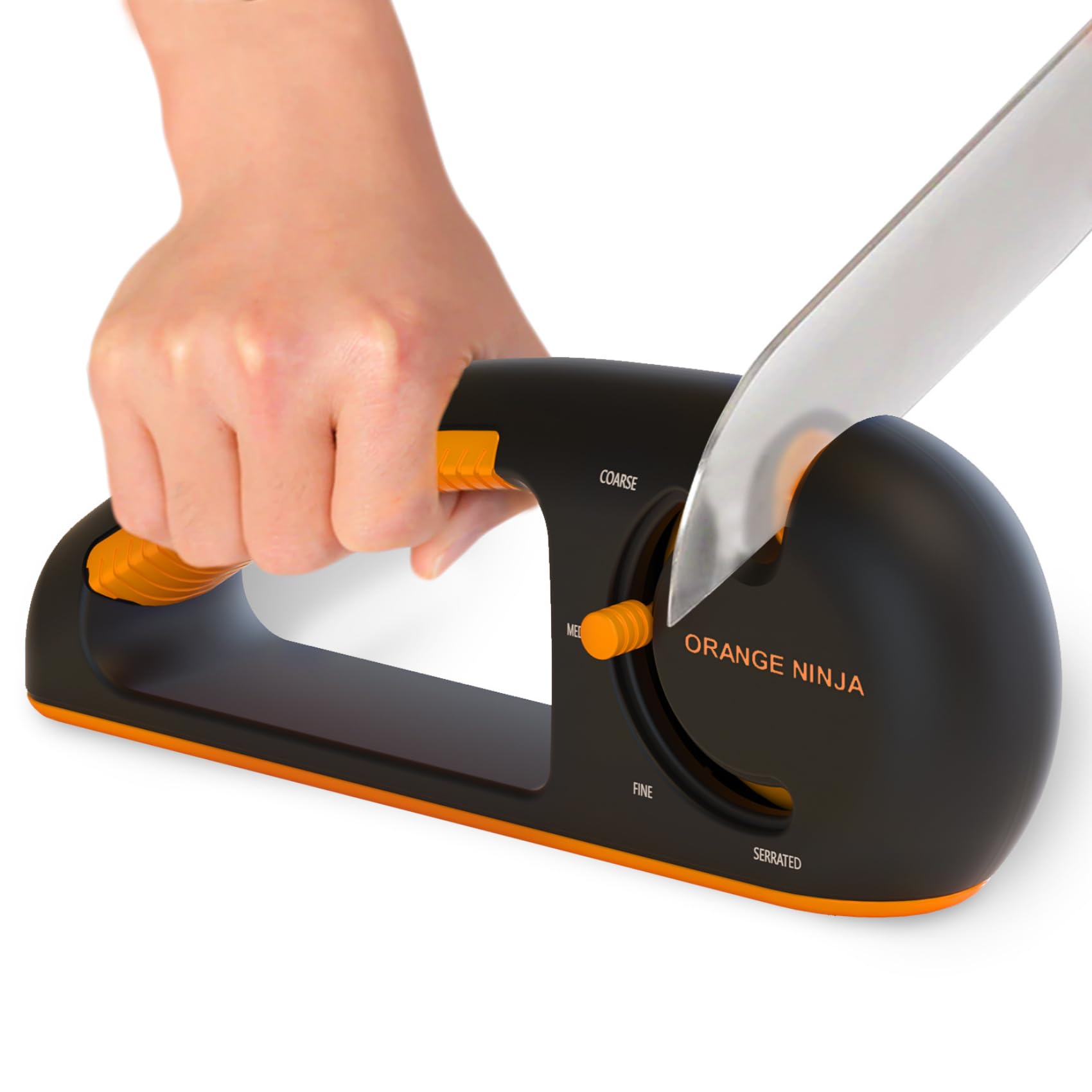 Orange Ninja 4-Stage Knife Sharpener & Serrated Knife Sharpener– Repairs, Sharpens & Polishes Blades with Ergonomic Non-Slip Grip by Sharp Pebble