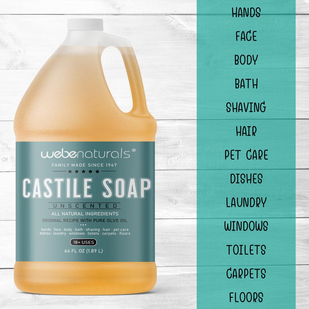 WEBE Pure Unscented Castile Liquid Soap Refill, 64 Ounce | Vegan & Gluten Free Non-GMO, For Face, Body Wash, Dishes, Pets & Laundry