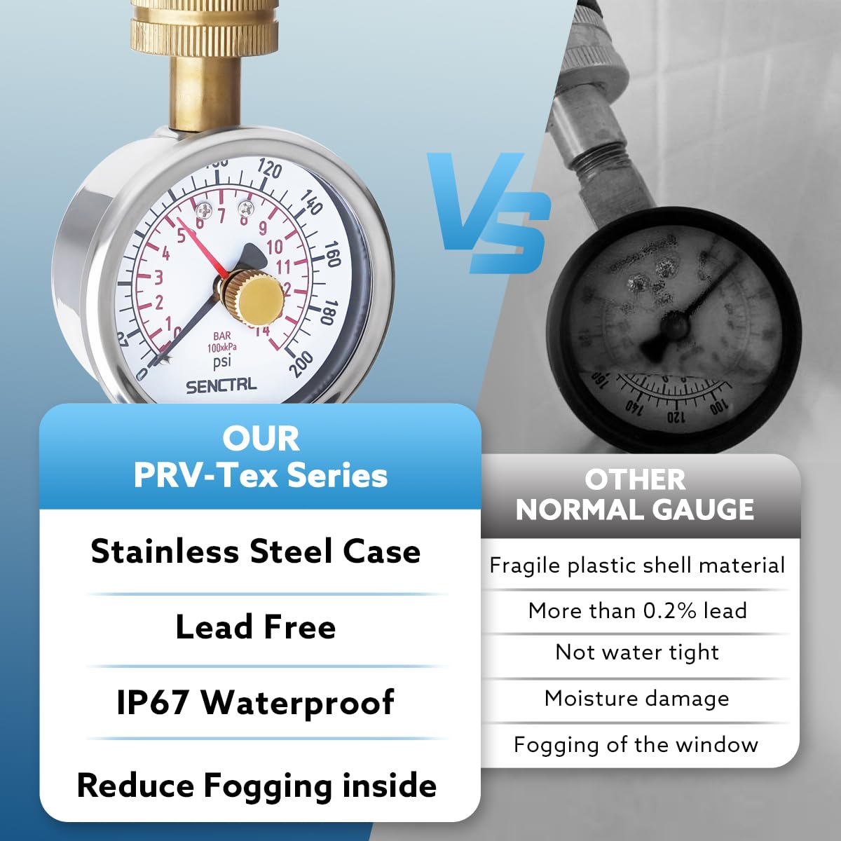 SENCTRL 0-200 Psi Water Pressure Gauge Test with Lazy Hand, Lead-Free, Waterproof, 2.5" Dial Size, 3/4" Female Garden Hose Thread, Stainless Steel Case, for Home Potable Water, House Tube