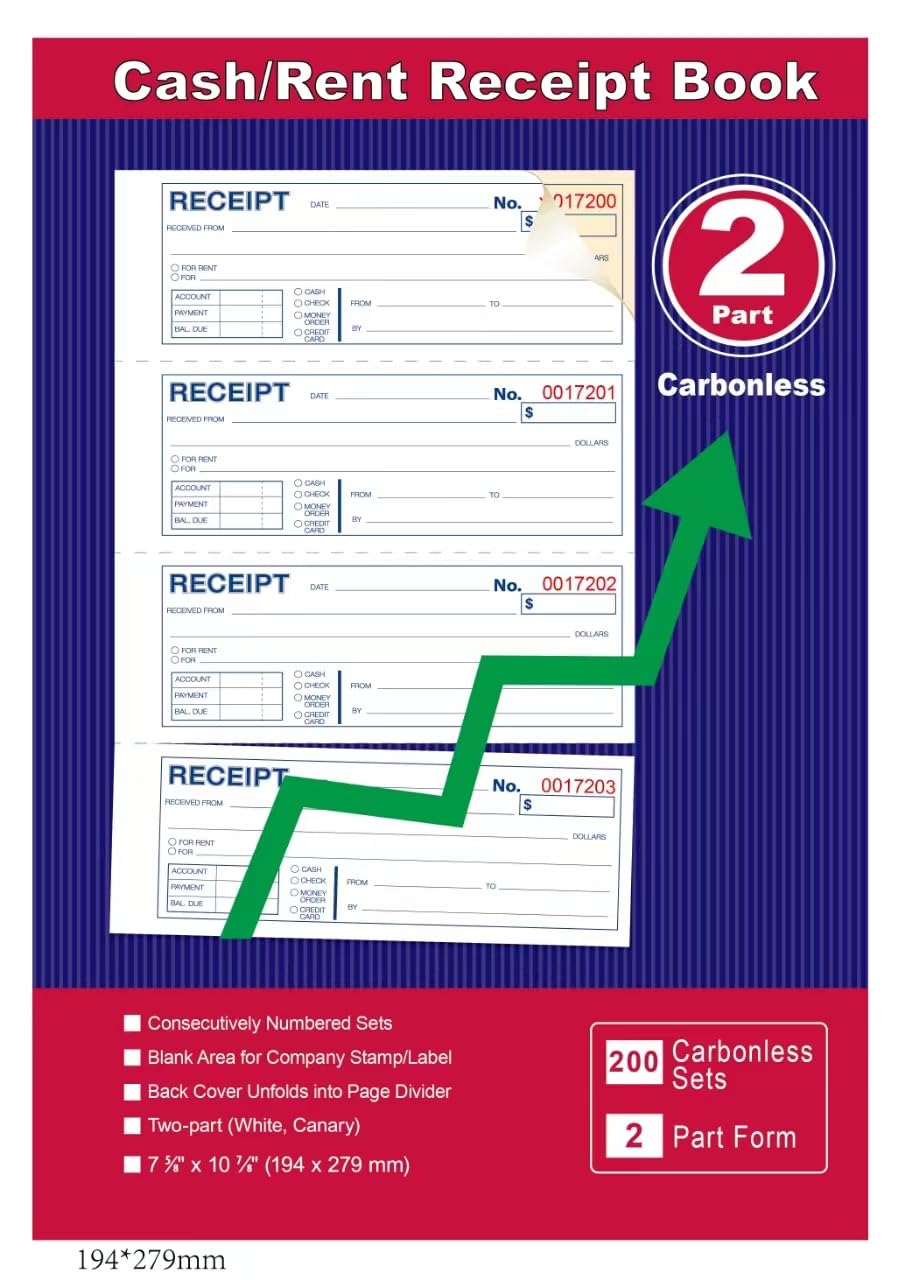 Money and Rent Receipt Book 2-Part Carbonless 7-5/8" x 11" Spiral Bound 200 Sets per Book 4 Receipts per Page(1pack)