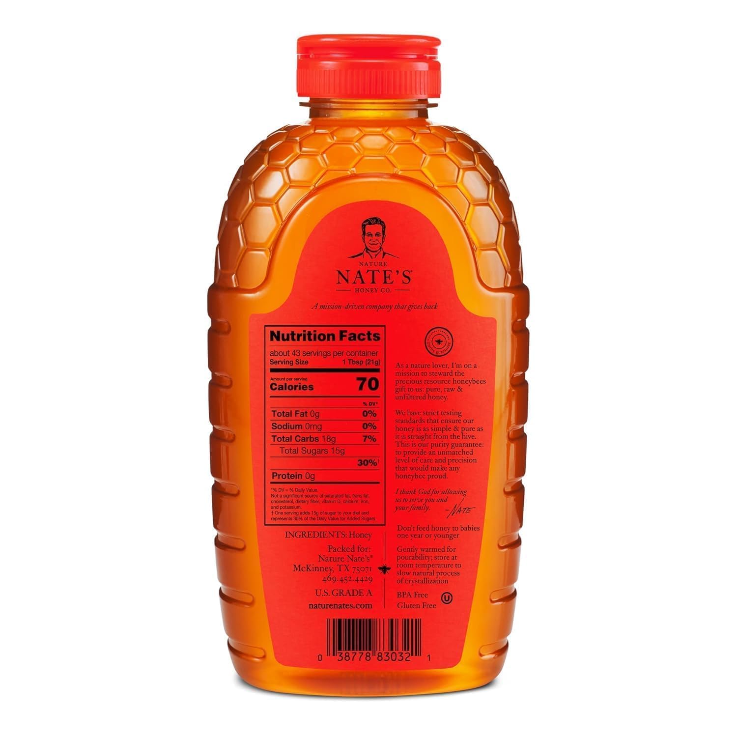 Nate's 100% Pure, Raw & Unfiltered Honey - Award-Winning Taste, 32oz. Squeeze Bottle