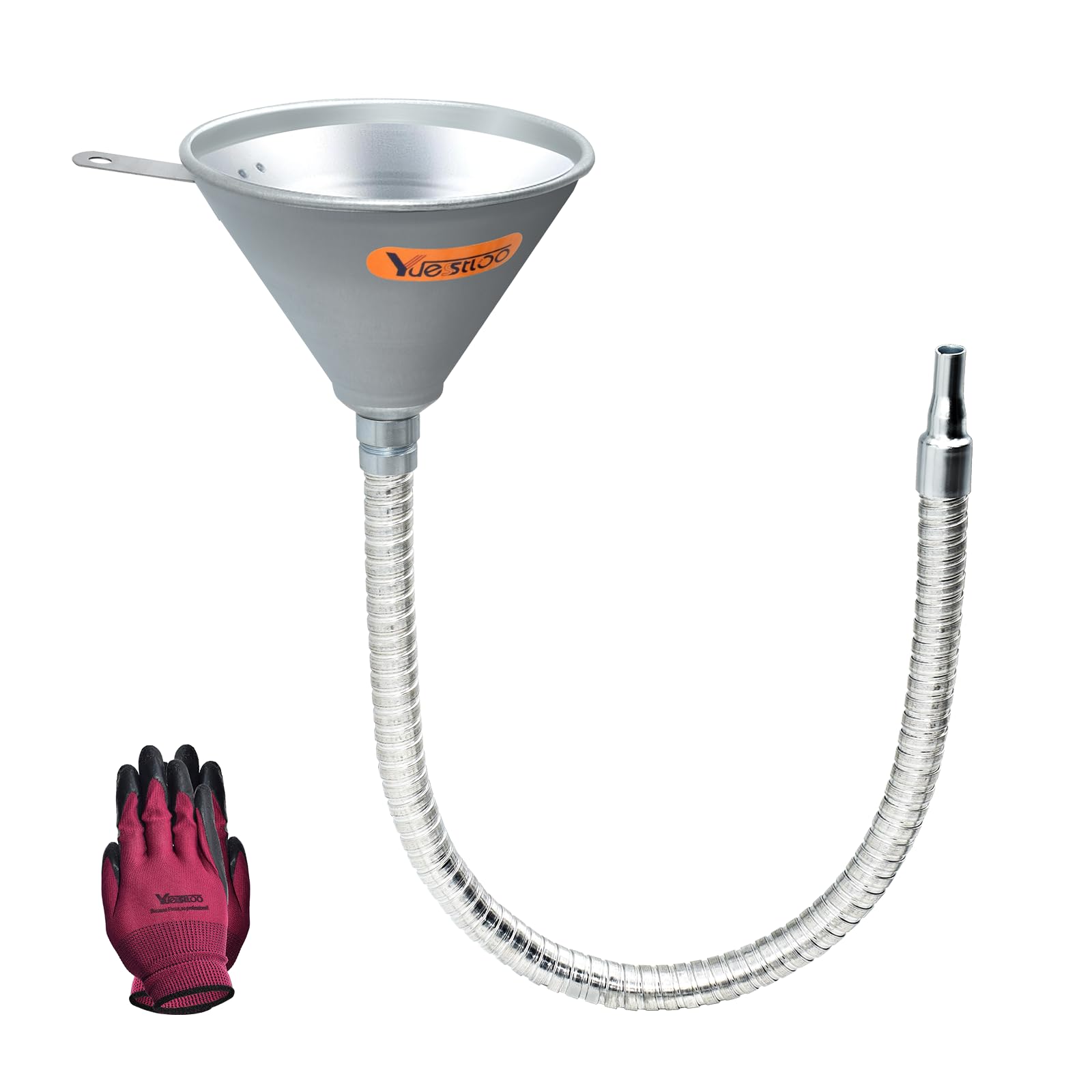 Yuesstloo 62 cm Trichter aus biegsamem Stahl mit Filter für alle Automobilöle, flexibler Metalltrichter für den Automobilbereich für Getriebeöl, Dieselkraftstoff und andere Flüssigkeiten, mit Handschuhen