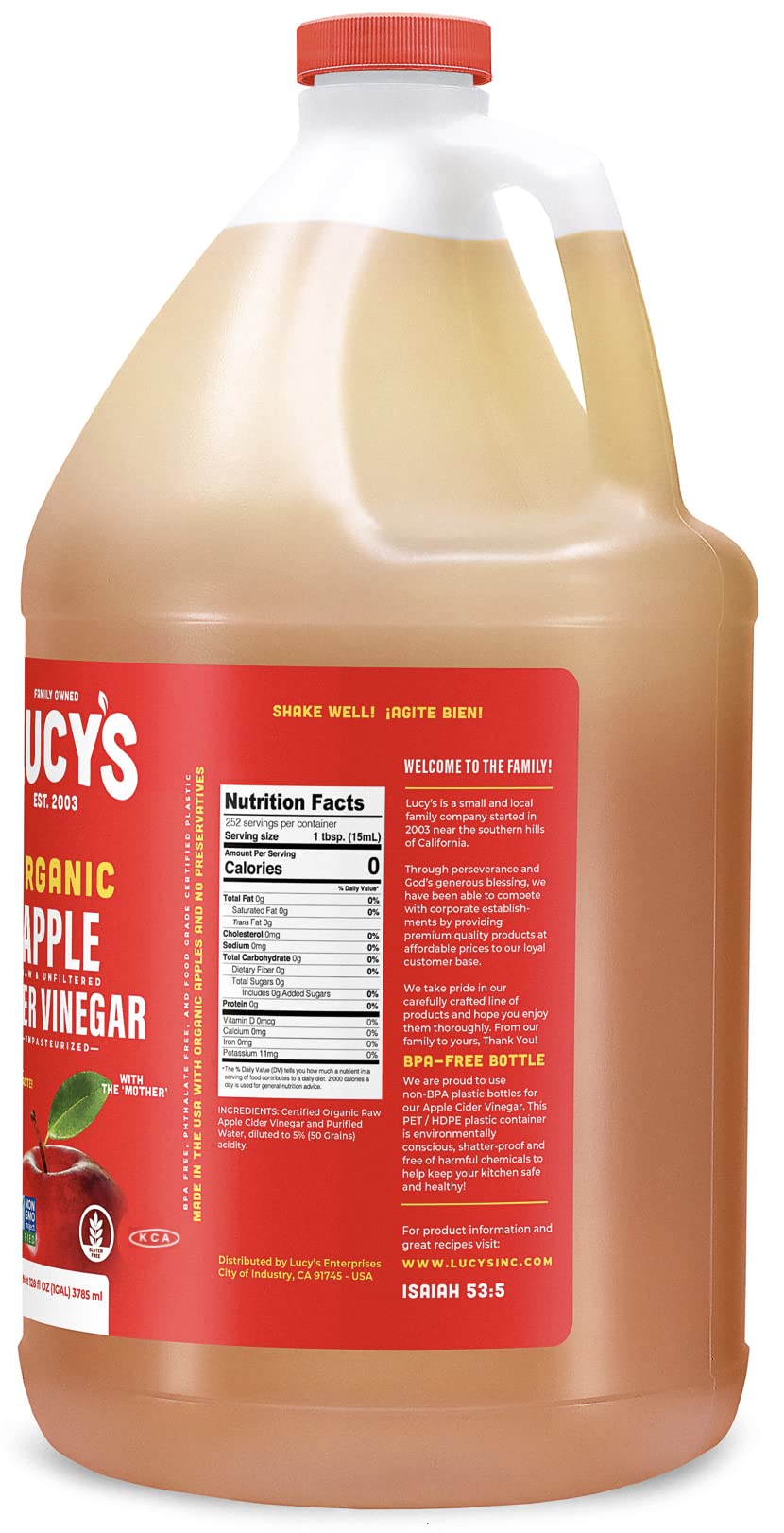 Lucy's Family Owned - GALLON SIZE, Organic, With the Mother, Apple Cider Vinegar, Unfiltered, Unpasteurized, NonGMO, and Raw