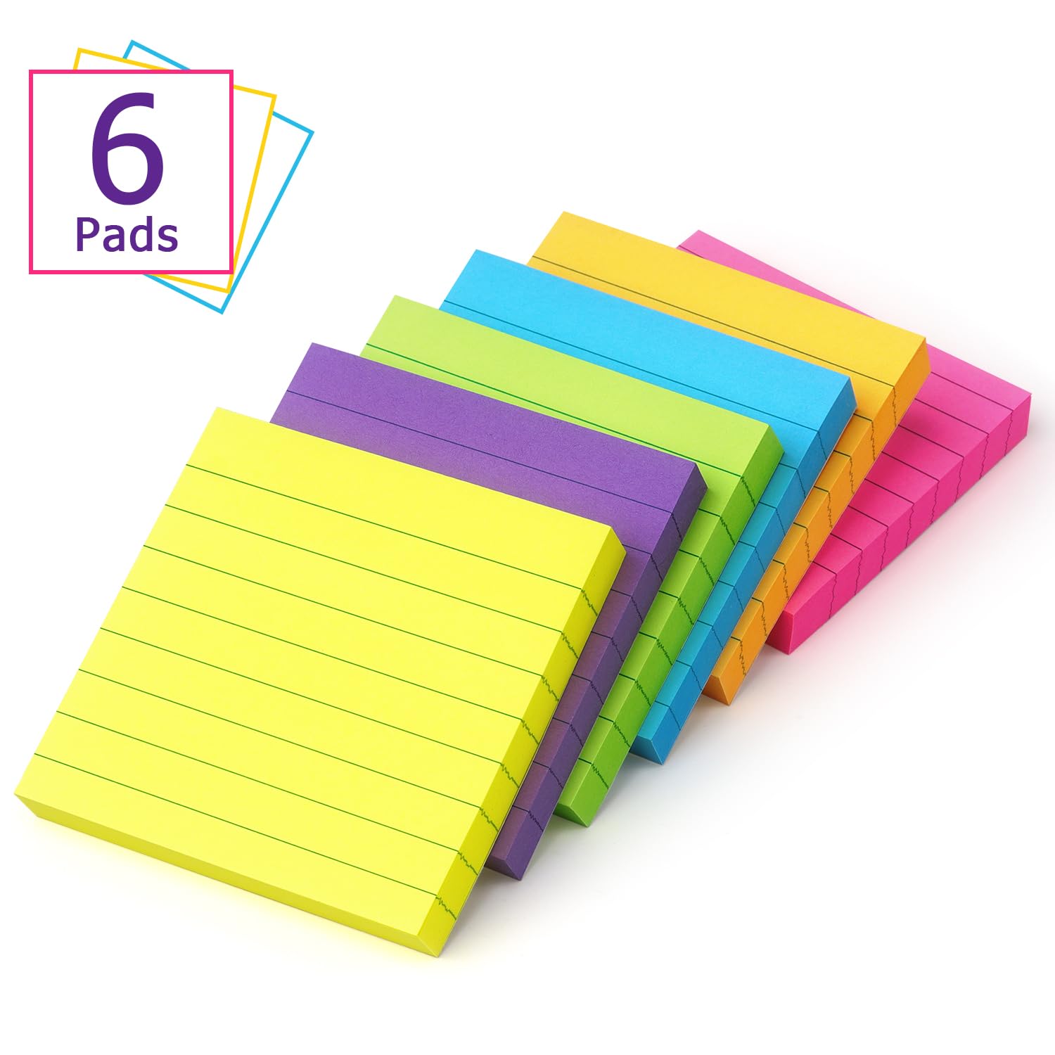 6 Pads Lined Sticky Notes 3x3 Sticky Notes with Lines Self-Stick Note Pads 6 Bright Multi Colors,100 Sheet/Pad