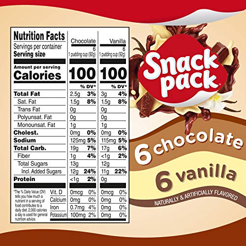 Snack Pack Chocolate and Vanilla Pudding Cups Family Pack, Lunchbox Snack, 12 Count (Pack of 1)