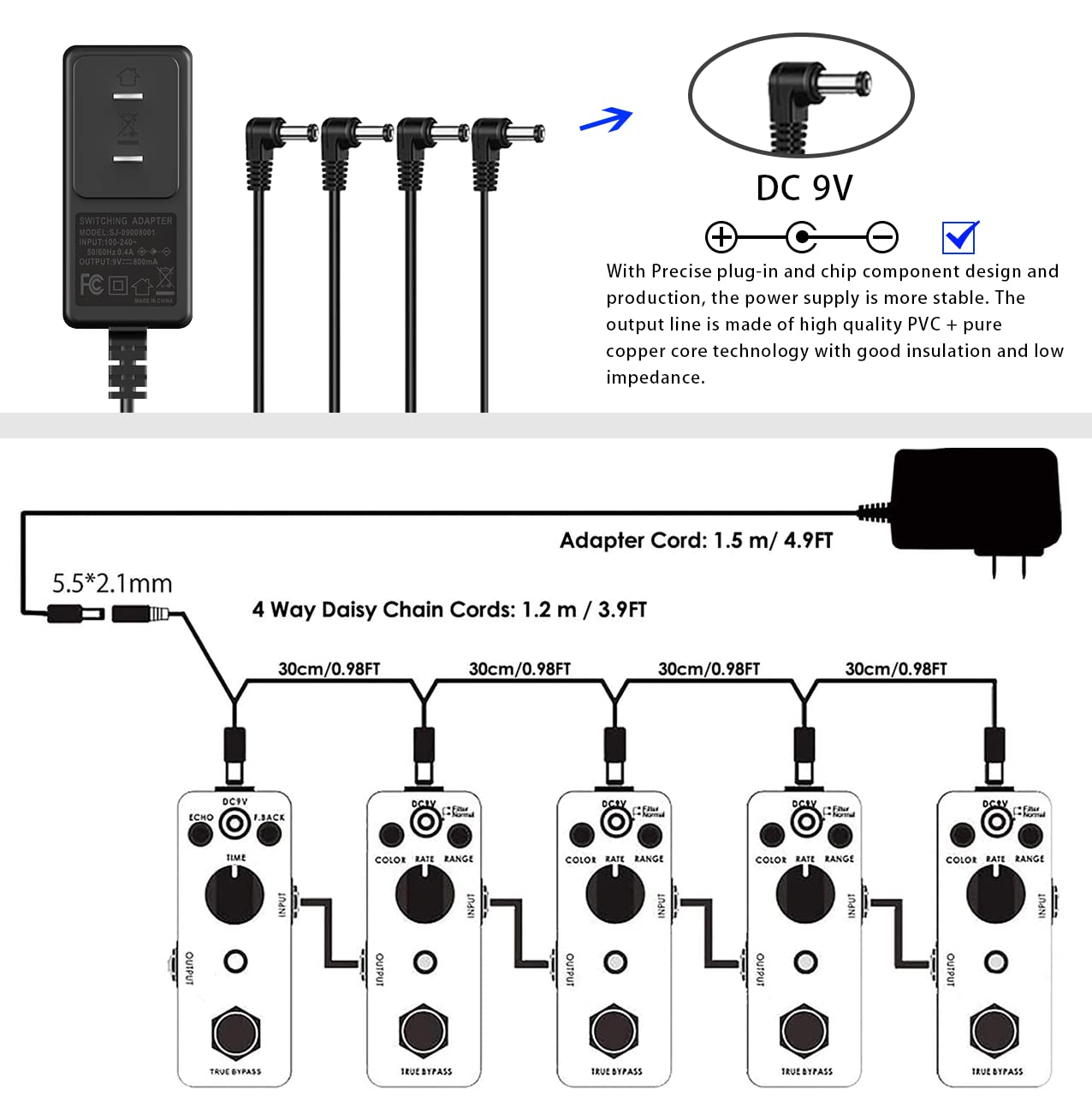 JOYO DC 9V Guitar Pedal Power Supply (800mA -1A) AC Wall Charger Adapter with 4 Way Daisy Chain Pedal Cables (8.8 FT), Compatible for Most Effect Pedals (Tip Negative)
