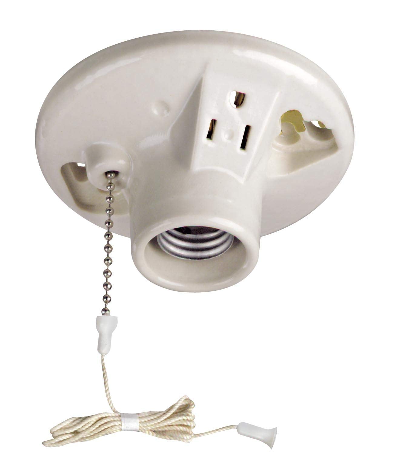 Leviton One-Piece Glazed Porcelain Outlet Box Mount, Incandescent Lampholder, Pull Chain, Top Wired, 9726-C, White
