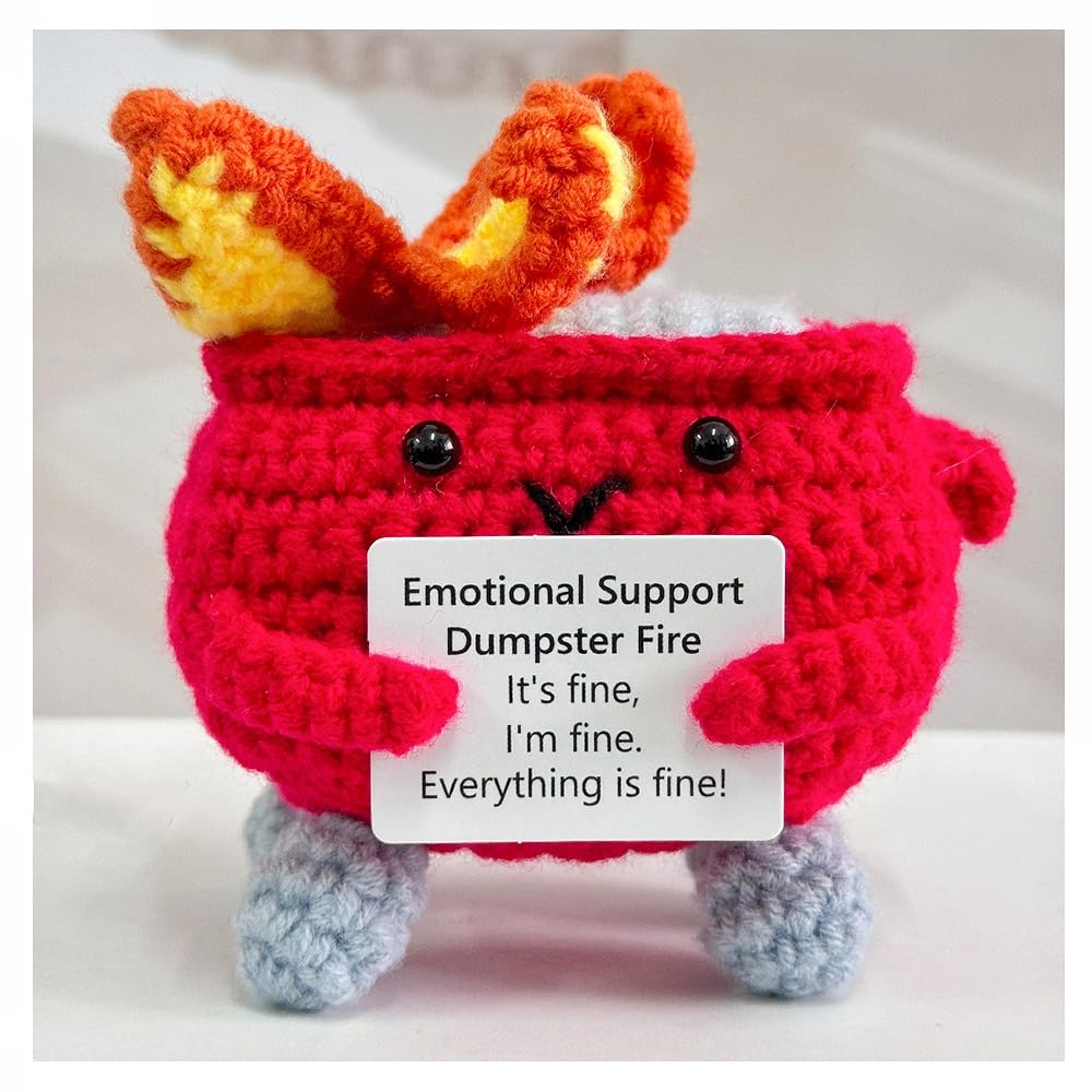 Emotional Support Crochet Dumpster Fire with Positive Card, Cute Room Decor Knitted Toys Funny Crochet Support Buddies Gifts for Friends(Green)