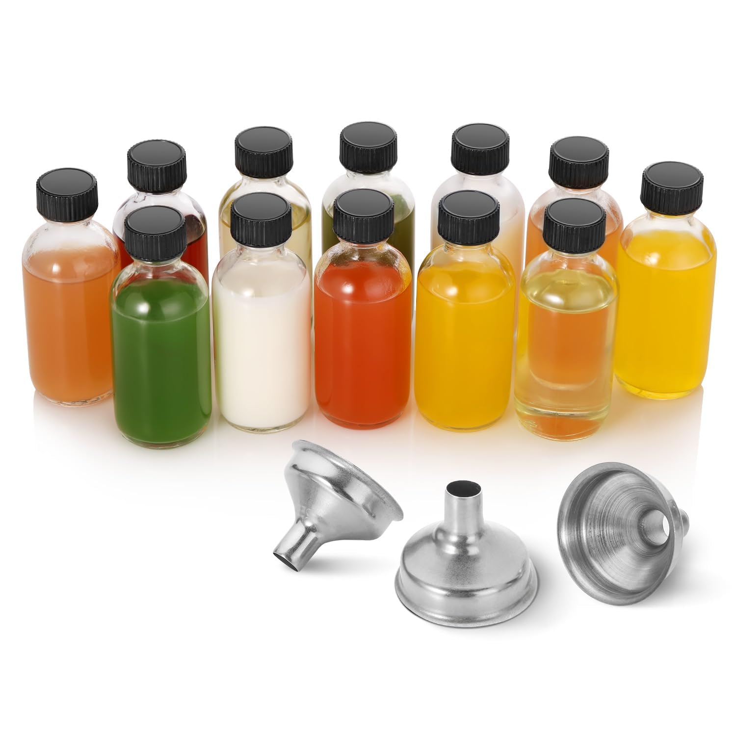 12 Pack, 2 oz Small Clear Glass Bottles w/Lid & 3 Funnels - 60ml Boston Shot Bottles for Health, Immunity, Potion, Wellness, Sample, Ginger, Juice - Mini Personal Care & Beauty Travel Bottle