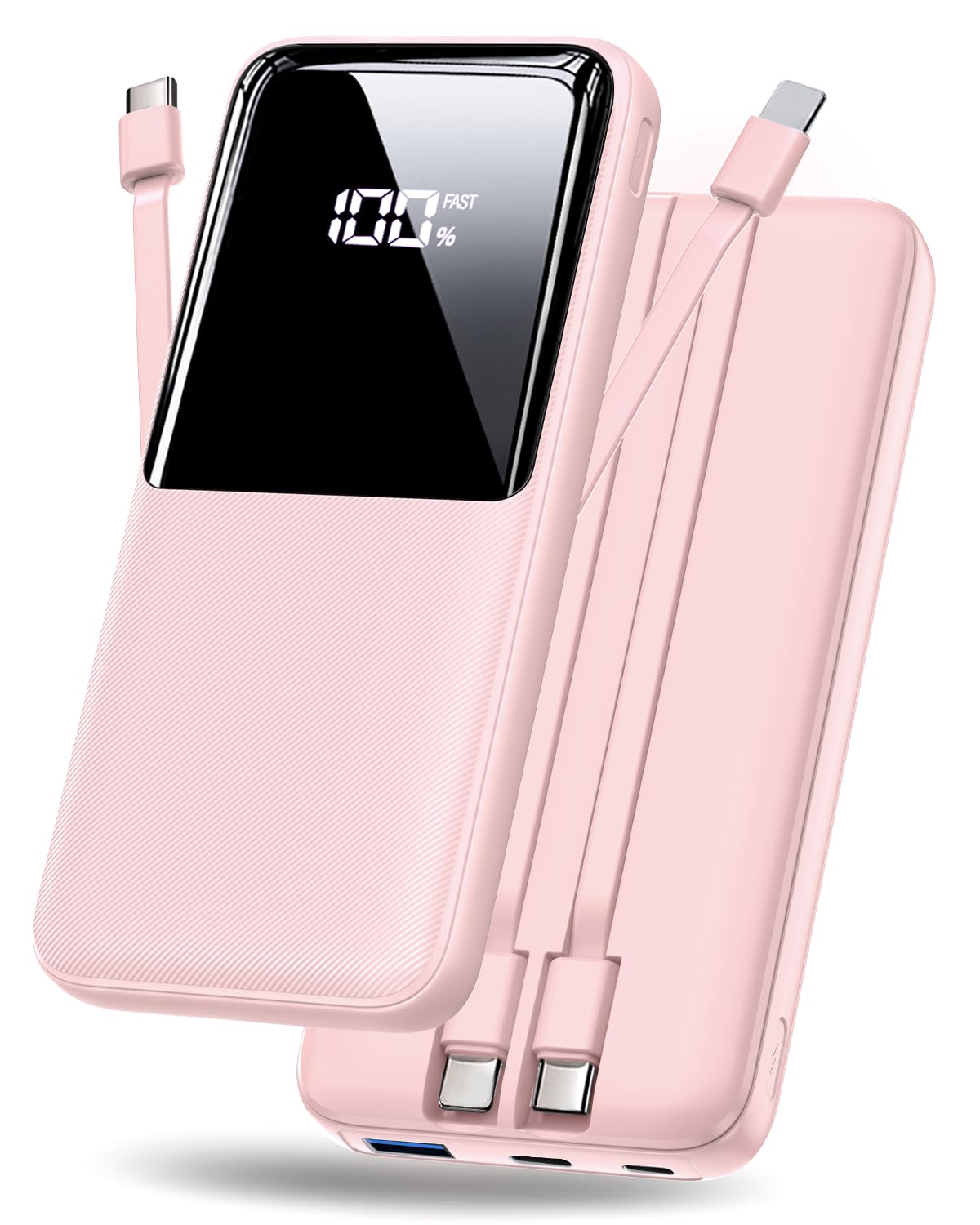 CFIAI Portable Charger Power Bank - 20000mAh Fast Charging Portable Battery Pack with Built in USB-C(22.5W) and iOS(20W) Output Cables Compatible with iPhone Android Samsung Phone etc (1 Pack, Pink)