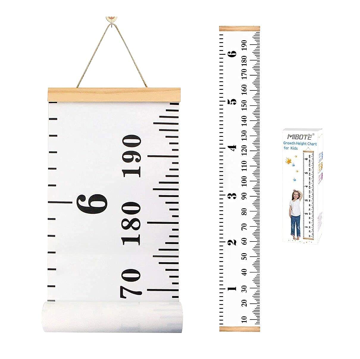 Mibote Baby Growth Height Chart Handing Ruler Wall Decor for Kids, Canvas Removable Height Growth Chart 79" x 7.9" (Black & White)