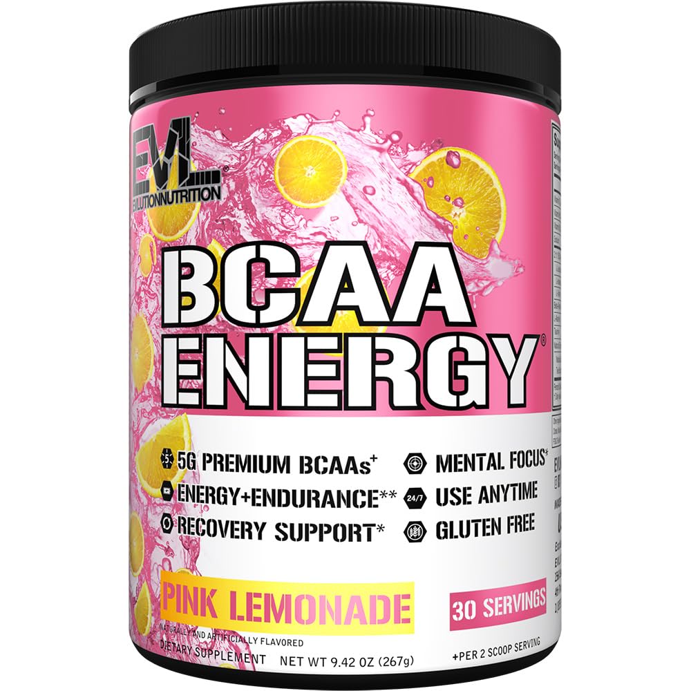 EVL BCAAs Aminosäuren Pulver – BCAA Energy Pre-Workout Pulver für Muskelregeneration, schlankes Wachstum und Ausdauer – Rehydrierendes Post-Workout Regenerationsgetränk mit natürlichem Koffein – Pink Lemonade