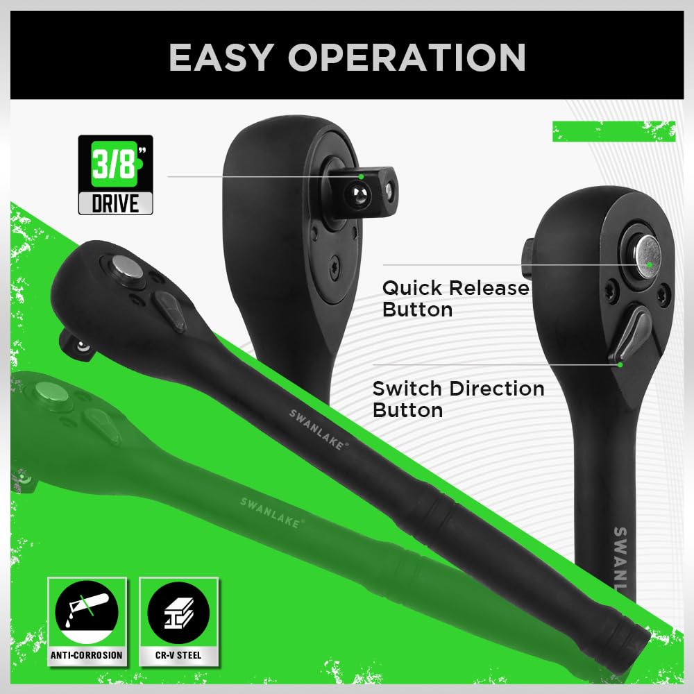 SWANLAKE GARDEN TOOLS 3/8'' Drive Impact Socket Set, 50-Piece Standard SAE (5/16 to 3/4 inch) and Metric (8-22mm) Size, 6 Point, Cr-V, 3/8-Inch Ratchet Handle, Extension Bar, Universal Joint