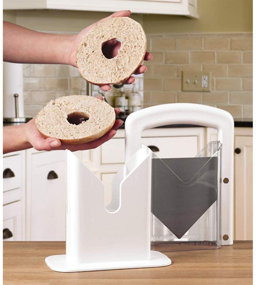 Hoan The Original Bagel Guillotine Slicer, Manual Precision Cutter with Safety Shield, Cleanly Slices Bagels and More, White, 9.25 Inch Kitchen Tool