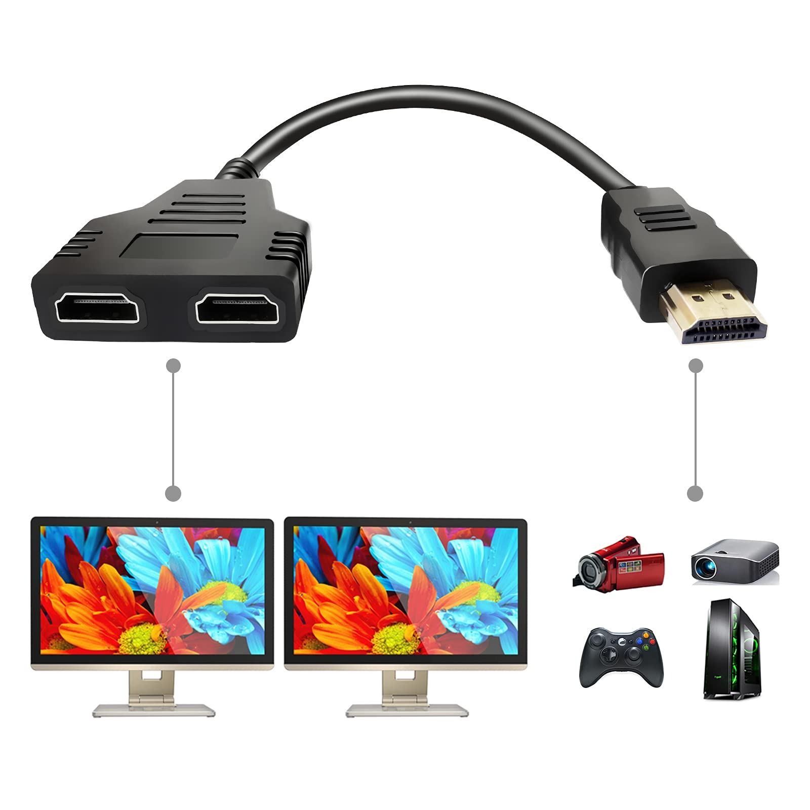 BATU HDMI Splitter Adapterkabel - HDMI Splitter 1 Eingang 2 Ausgänge Stecker auf Dual HDMI Buchse 1 zu 2 Wege für HD, LED, LCD, TV, Unterstützt zwei gleiche Fernseher gleichzeitig (nur Spiegeln, keine erweiterte Anzeige)