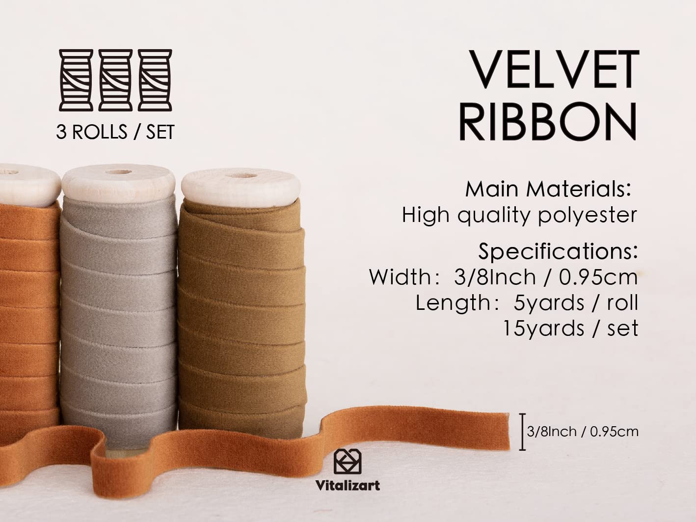 Vitalizart Velvet Ribbon Nude Ivory Set 3/8" x 15 Yd Wooden Spool Fabric Trim 3 Rolls * 5 Yd for Christmas Wreath Decoration Handmade Craft Ornaments Gift Wrapping & Bow Making