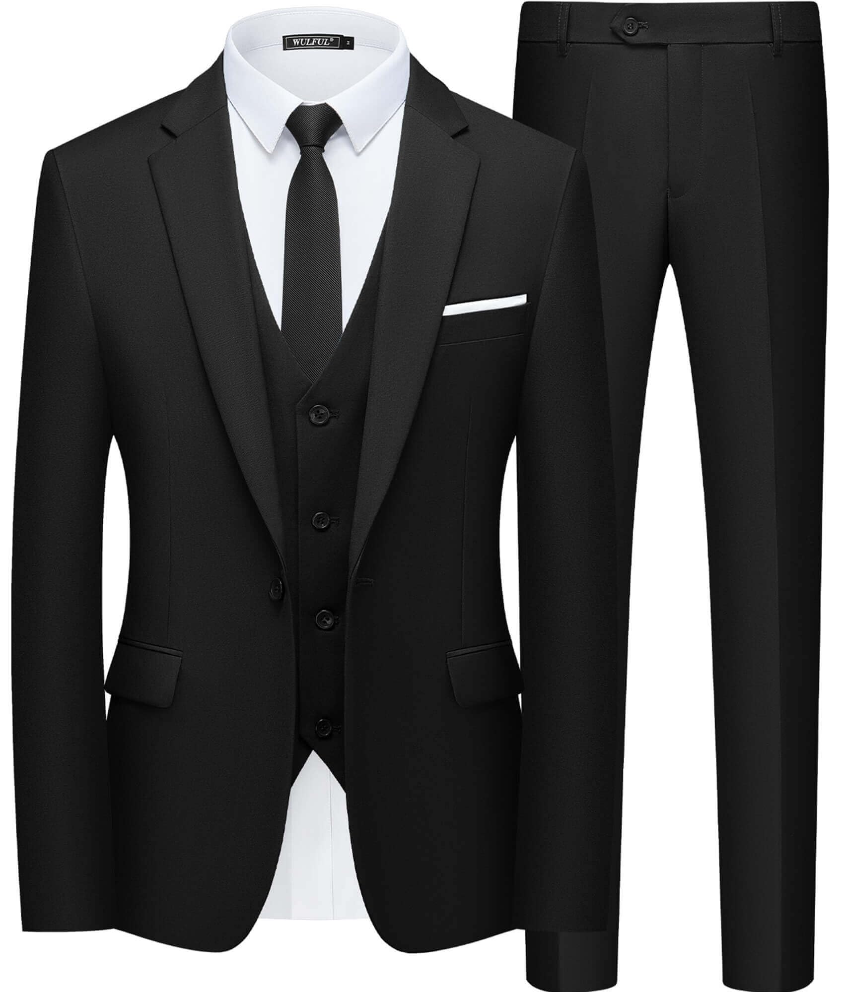WULFUL Men's Slim Fit Suit One Button 3-Piece Blazer Dress Business Wedding Party Jacket Vest & Pant Black