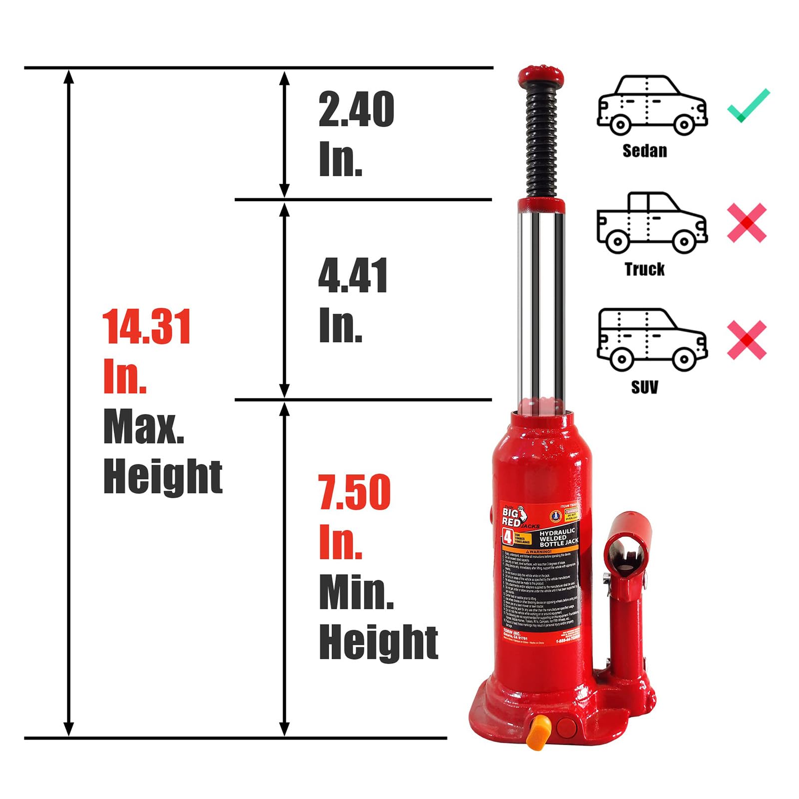 Torin T90413 Big Red Hydraulic Bottle Jack with Carrying Case, 4 Ton (8,000 lb) Capacity