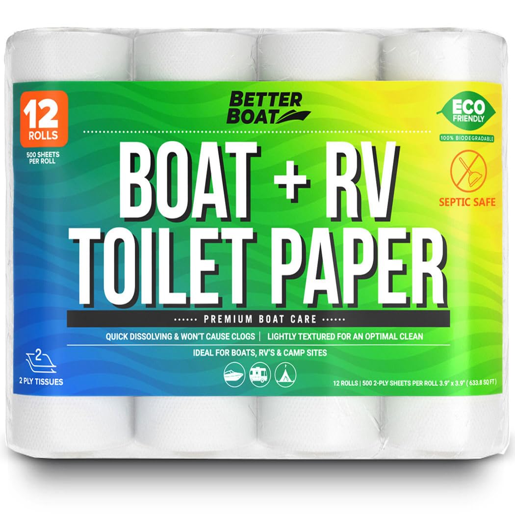 Boat and RV Toilet Paper, Septic Safe Quick Dissolving Tissue, 12 Single Rolls, Biodegradable 2-Ply for Marine, Travel, and Camper Systems, Camping Tank-Safe Bulk Pack