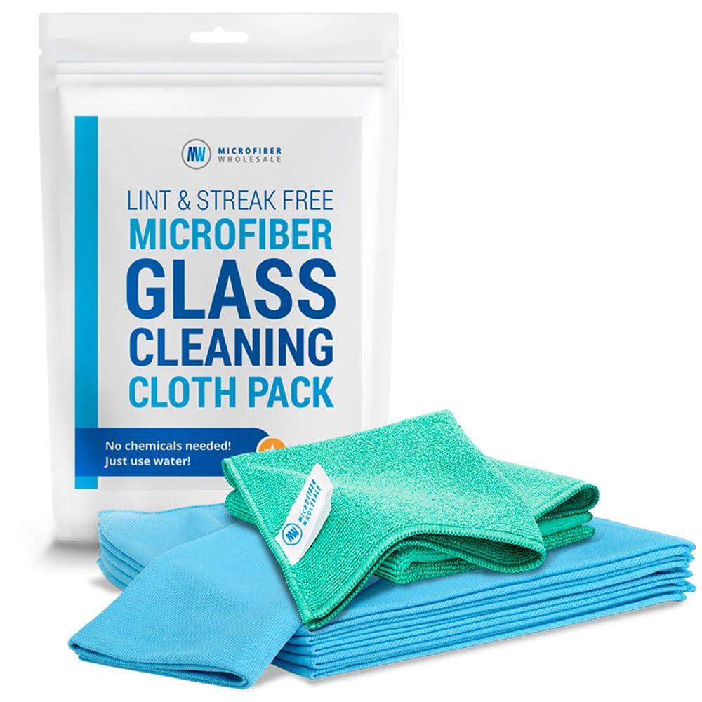 Microfiber Glass Cleaning Cloths | Streak Free Windows & Mirrors | Lint Free Towels | Car Windows Wipes | Polishing Rags | Machine Wash- Blue, Green (8 Pack)