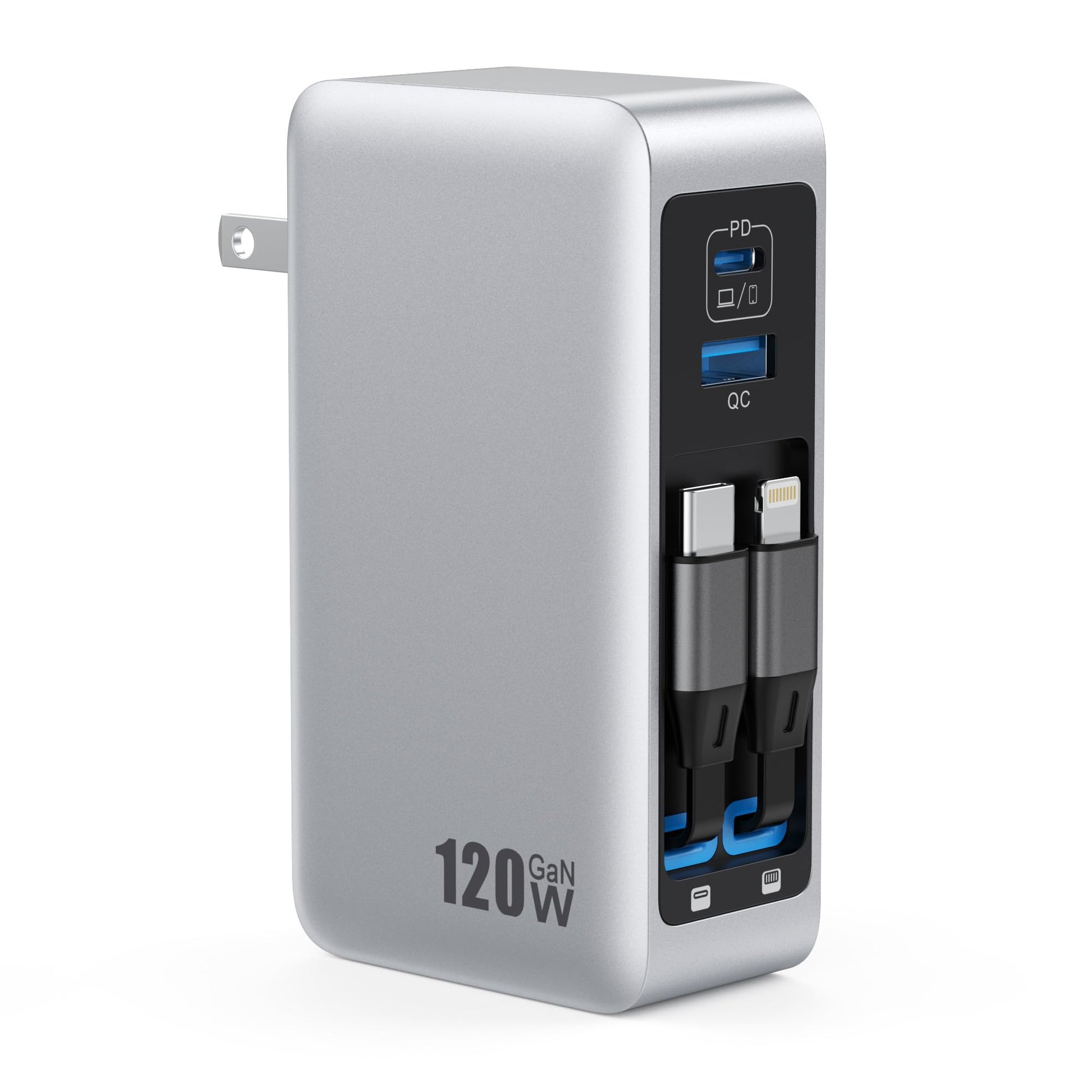 120W USB C Charger Block with 2 Built-in Retractable Cables,4-in-1 GaN IV Foldable Plug Wall Charger Fast Charging Station,PD 65W Laptop Adapter for Macbook/iPad,iPhone 16/15/14,Galaxy S24,Android etc