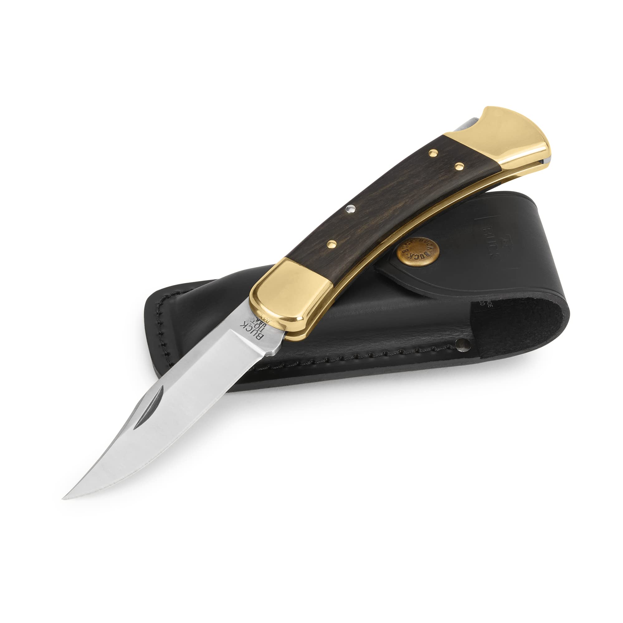 Buck Knives 110 Folding Hunter Knife, 3-3/4" Blade, Lockback Design, Ebony Handle, Brass Bolsters, 420HC Stainless Steel Clip Point Blade, Sheath Included, Hunting Knife Made in the USA, 7.2 oz